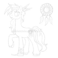 Size: 800x800 | Tagged: safe, artist:shadobabe, derpibooru import, oc, unofficial characters only, pony, unicorn, dreamcatcher, horn, image, lineart, monochrome, png, raised hoof, simple background, solo, unicorn oc, unshorn fetlocks, white background