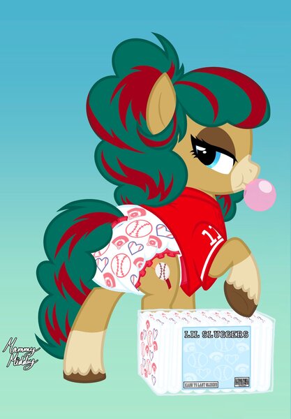 Size: 1423x2048 | Tagged: questionable, alternate version, artist:mommymidday, derpibooru import, oc, oc:double dinger, earth pony, pony, baseball, bubble, bubblegum, clothes, coat markings, commission, diaper, diaper fetish, diaper package, fetish, food, gradient background, gum, hooves, image, jersey, jpeg, looking back, photo, poofy diaper, poofy mane, raised hoof, raised tail, simple background, socks (coat marking), solo, sports, tail, text, two toned mane, two toned tail