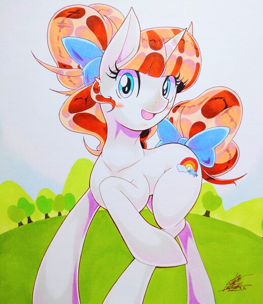 Size: 3024x3493 | Tagged: safe, artist:025aki, derpibooru import, oc, pony, bow, image, jpeg, solo, tail, tail bow, traditional art