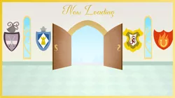 Size: 4096x2304 | Tagged: safe, artist:candy meow, derpibooru import, canterlot, cantermore, cantermore school, coat of arms, door, image, legends of equestria, loading screen, png, window