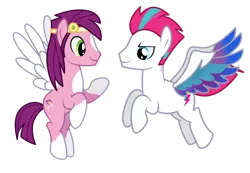 Size: 1280x888 | Tagged: safe, artist:ectttan, derpibooru import, pipp petals, zipp storm, pegasus, pony, my little pony: a new generation, blue eyes, brothers, colored wings, cutie mark, duo, duo male, flying, g5, g5 to g4, glow, green eyes, image, jewelry, male, multicolored hair, multicolored wings, pink hair, pip corolla, png, purple hair, rule 63, siblings, simple background, smiling, smirk, spread wings, stallion, transparent background, vector, wings, zip cyclone