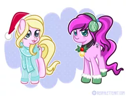 Size: 1024x781 | Tagged: safe, artist:redpalette, derpibooru import, oc, oc:chuckles, oc:violet ray, earth pony, pony, abstract background, boots, christmas, clothes, cute, earmuffs, earth pony oc, female, hat, holiday, image, jpeg, mare, santa hat, scarf, shoes, smiling, snow, winter outfit