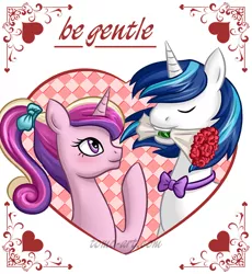 Size: 735x800 | Tagged: safe, artist:facja, derpibooru import, princess cadance, shining armor, pony, bowtie, female, flower, holiday, image, jpeg, male, mare, mouth hold, ponytail, shiningcadance, shipping, stallion, straight, valentine's day, valentine's day card