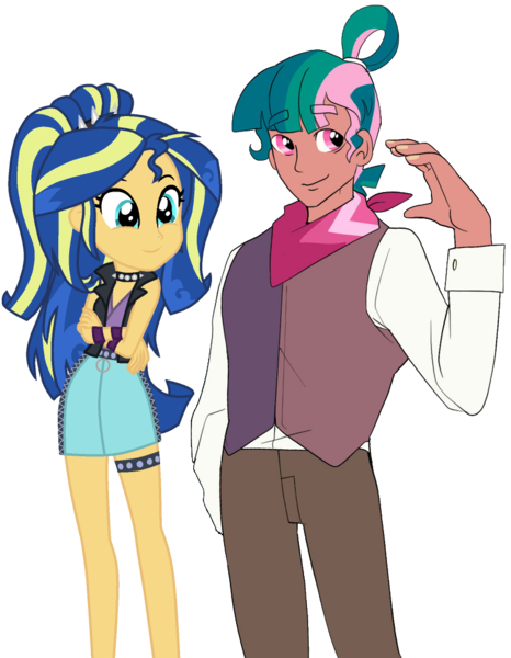 Size: 804x1035 | Tagged: safe, artist:aztrial, artist:ilaria122, derpibooru import, edit, oc, oc:harvest spruce, oc:shining swirls, unofficial characters only, equestria girls, choker, clothes, cropped, denim skirt, female, harvestswirls, image, jacket, leather jacket, male, miniskirt, neckerchief, next generation, oc x oc, offspring, parent:flash sentry, parent:sunset shimmer, parent:timber spruce, parent:twilight sparkle, parents:flashimmer, parents:timbertwi, png, shipping, shipping fuel, simple background, skirt, spiked choker, spiked headband, straight, transparent background, vector, waistcoat