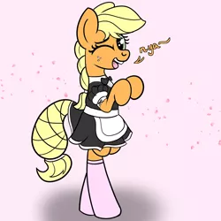 Size: 2000x2000 | Tagged: safe, artist:dafiltafish, derpibooru import, applejack, earth pony, pony, alternate hairstyle, clothes, hatless, image, looking at you, maid, missing accessory, nya, one eye closed, pink background, pink socks, png, simple background, wink, winking at you