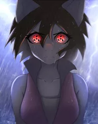 Size: 997x1260 | Tagged: safe, artist:hellcat120, derpibooru import, ponified, anthro, earth pony, pony, anthrofied, breasts, clothes, digital art, female, glow, glowing eyes, hair, image, jpeg, lightning, looking at you, naruto, rain, red eyes, rule 63, sasuke (naruto), sharingan, solo, solo female, thunderstorm