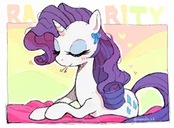 Size: 2010x1474 | Tagged: safe, artist:nendo, derpibooru import, rarity, pony, unicorn, blushing, eyes closed, female, hooves, horn, image, mare, mouth hold, png, signature, solo
