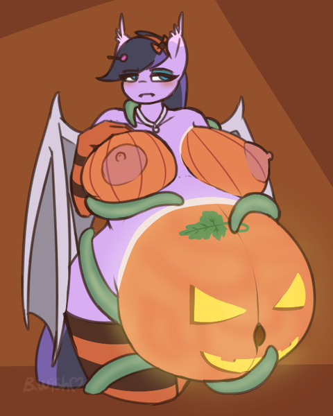 Size: 585x731 | Tagged: questionable, artist:puetsua, derpibooru import, oc, oc:spira fang, unofficial characters only, anthro, bat pony, areola, bat pony oc, bat wings, bedroom eyes, belly, belly button, big belly, big breasts, blushing, bodypaint, breasts, digital art, female, halloween, holiday, huge belly, huge breasts, hyper, hyper belly, hyper pregnancy, image, impossibly large belly, jack-o-lantern, large butt, nipples, nudity, outie belly button, png, pregnant, pumpkin, solo, solo female, symbiote, tentacle porn, tentacles, tentacles on female, wings