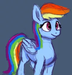 Size: 1579x1643 | Tagged: safe, artist:dummyhorse, derpibooru import, rainbow dash, pegasus, pony, blue background, eyebrows, eyebrows visible through hair, eyelashes, feathered wings, female, folded wings, image, mare, png, simple background, smiling, solo, solo female, standing, wings