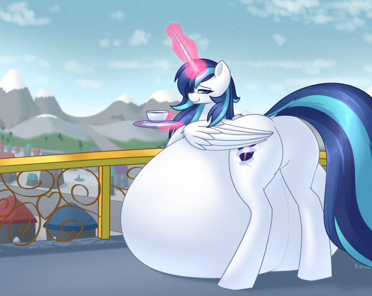 Size: 2252x1794 | Tagged: suggestive, artist:puetsua, derpibooru import, shining armor, alicorn, pony, alicornified, bedroom eyes, belly, belly on floor, big belly, butt, cup, digital art, female, gleaming shield, glow, glowing horn, horn, huge belly, hyper, hyper belly, hyper pregnancy, image, impossibly large belly, levitation, looking at you, looking back, looking back at you, magic, plot, png, pregarmor, pregnant, prince shining armor, princess gleaming shield, race swap, rear view, rule 63, smiling, smiling at you, solo, tail, teacup, telekinesis, wings