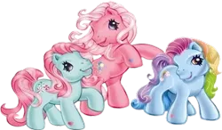 Size: 453x265 | Tagged: safe, derpibooru import, official, minty, pinkie pie, pinkie pie (g3), rainbow dash (g3), earth pony, pony, cute, female, g3, heart, heart hoof, image, mintabetes, multicolored hair, pink hair, png, rainbow hair, raised hoof, rearing, simple background, transparent background, trio, trio female