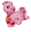 Size: 127x130 | Tagged: safe, artist:lyn fletcher, derpibooru import, rose blossom, earth pony, pony, baby, baby pony, baby rose blossom, christmas, clothes, female, filly, foal, g3, holiday, image, pink coat, pink hair, png, scarf, simple background, solo, sticker, transparent background, winter
