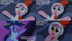 Size: 1280x720 | Tagged: safe, derpibooru import, edit, edited screencap, editor:quoterific, screencap, pinkie pie, twilight sparkle, earth pony, pony, unicorn, luna eclipsed, season 2, duo, female, image, jpeg, mare, night, open mouth, open smile, smiling, star swirl the bearded costume, text, unicorn twilight