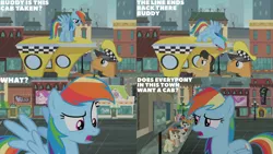 Size: 1280x720 | Tagged: safe, derpibooru import, edit, edited screencap, editor:quoterific, screencap, blueberry curls, bubblegum blossom, business savvy, cherry cola, cherry fizzy, joan pommelway, luckette, lucky breaks, pegasus olsen, peggy holstein, rainbow dash, roger silvermane, sterling silver, strawberry ice, earth pony, pegasus, pony, rarity takes manehattan, season 4, female, image, jpeg, male, mare, open mouth, rain, spread wings, stallion, taxi pony, text, wings