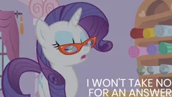 Size: 1280x720 | Tagged: safe, derpibooru import, edit, edited screencap, editor:quoterific, screencap, rarity, pony, unicorn, season 1, suited for success, carousel boutique, eyes closed, fabric, female, glasses, image, jpeg, mare, open mouth, rarity's glasses, solo, text