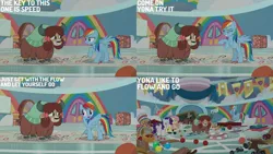 Size: 1280x720 | Tagged: safe, derpibooru import, edit, edited screencap, editor:quoterific, screencap, angel bunny, fluttershy, rainbow dash, rarity, yona, pegasus, pony, rabbit, unicorn, yak, season 9, she's all yak, spoiler:s09, animal, bipedal, eyes closed, female, flying, grin, image, jpeg, male, mare, open mouth, open smile, school of friendship, smiling, spread wings, text, wings