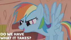 Size: 1280x720 | Tagged: safe, derpibooru import, edit, edited screencap, editor:quoterific, screencap, rainbow dash, pegasus, pony, dragonshy, season 1, female, flying, golden oaks library, image, jpeg, library, mare, open mouth, open smile, smiling, solo, spread wings, text, wings