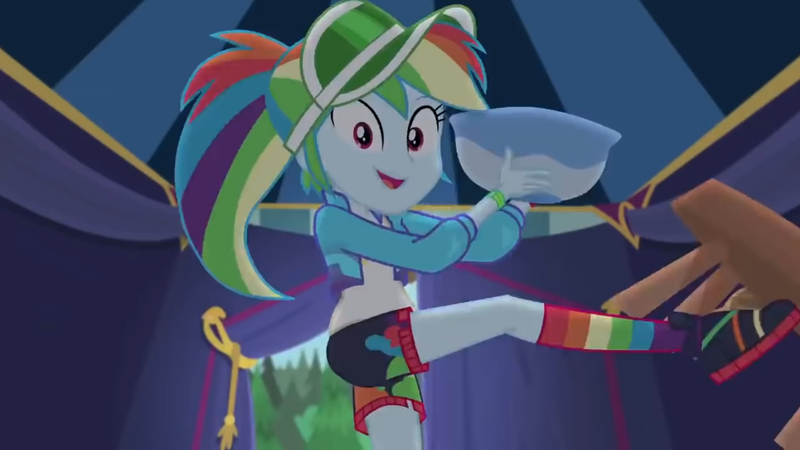 Size: 3410x1920 | Tagged: safe, derpibooru import, screencap, rainbow dash, accountibilibuddies, equestria girls, equestria girls series, spoiler:eqg series (season 2), accountibilibuddies: rainbow dash, bowl, clothes, female, high res, image, jpeg, music festival outfit, open clothes, shoes, solo