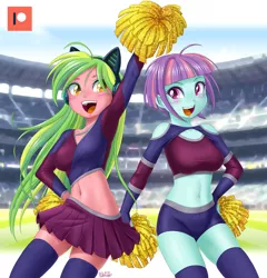 Size: 1200x1248 | Tagged: safe, artist:uotapo, derpibooru import, lemon zest, sunny flare, equestria girls, belly button, breasts, busty lemon zest, busty sunny flare, cheerleader, cheerleader outfit, clothes, duo, image, jpeg, midriff, open mouth, pom pom
