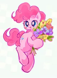 Size: 891x1208 | Tagged: safe, artist:osawari64, derpibooru import, pinkie pie, earth pony, pony, blushing, bouquet, cute, diapinkes, female, flower, happy, holding, image, jpeg, mare, open mouth, open smile, simple background, smiling, solo, white background