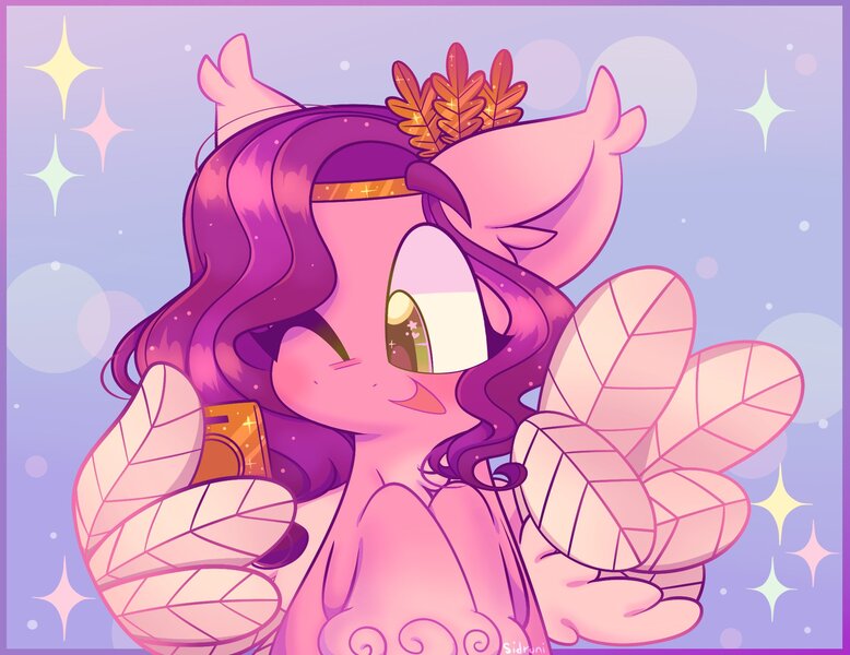 Size: 1922x1482 | Tagged: safe, artist:sidruni, derpibooru import, pipp petals, pegasus, pony, abstract background, adorapipp, blushing, cute, g5, happy, image, jpeg, one eye closed, open mouth, open smile, phone, smiling, solo, spread legs, spreading, wing hold, wings, wink