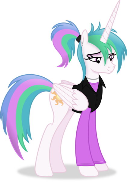 Size: 4415x6297 | Tagged: safe, artist:anime-equestria, derpibooru import, princess celestia, alicorn, pony, alternate hairstyle, clothes, ear piercing, female, horn, image, jewelry, lidded eyes, necklace, piercing, png, ponytail, shirt, simple background, solo, transparent background, vector, wings