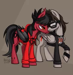 Size: 2587x2667 | Tagged: safe, artist:relisreal, derpibooru import, ponified, bat pony, pegasus, pony, bat wings, clandestine industries, clothes, commission, duo, duo male, ear fluff, emo, fall out boy, fangs, folded wings, gay, glasses, hoodie, image, jewelry, male, mikey way, my chemical romance, necklace, nuzzling, pete wentz, png, raised hoof, shipping, shirt, slit pupils, stallion, tattoo, undershirt, wings, wristband, ych result