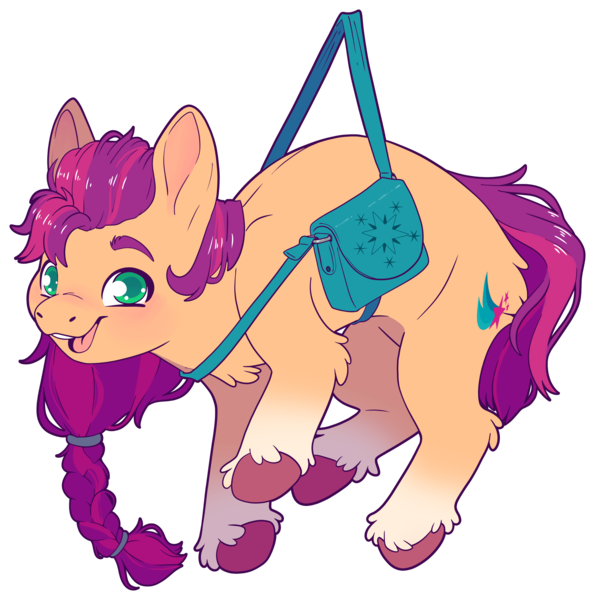 Size: 3181x3209 | Tagged: safe, artist:cutepencilcase, derpibooru import, part of a set, sunny starscout, earth pony, pony, bag, colored pupils, g5, hanging, image, png, simple background, smiling, solo, transparent background