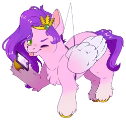 Size: 3498x3323 | Tagged: safe, artist:cutepencilcase, derpibooru import, part of a set, pipp petals, pegasus, pony, chest fluff, colored pupils, g5, hanging, image, mobile phone, one eye closed, phone, png, simple background, smartphone, solo, tongue out, transparent background, wink, wires