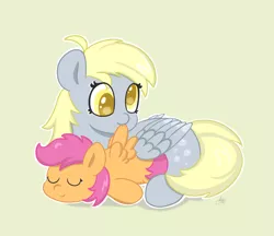 Size: 1827x1577 | Tagged: safe, artist:limitmj, derpibooru import, derpy hooves, scootaloo, pegasus, pony, eyes closed, grooming, image, png, preening, smiling, wings