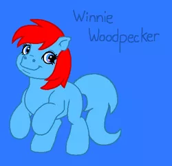 Size: 504x487 | Tagged: safe, artist:mlpfanboy579, derpibooru import, ponified, bird, earth pony, pony, blue background, blue eyes, blue tail, crossover, female, full body, g3, hooves, image, mare, png, rearing, red hair, red mane, simple background, smiling, solo, tail, the new woody woodpecker show, winnie woodpecker, woodpecker, woody woodpecker