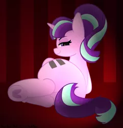 Size: 3475x3611 | Tagged: safe, artist:pabbley, artist:rainbowšpekgs, derpibooru import, starlight glimmer, pony, unicorn, butt, dock, equal cutie mark, female, frog (hoof), high res, hooves, image, looking at you, lying, lying down, mare, plot, png, rear view, s5 starlight, side, smiling, smirk, smug, solo, tail, thick, underhoof