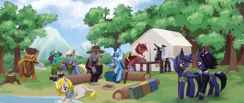 Size: 5120x2160 | Tagged: safe, artist:howxu, derpibooru import, oc, oc:flashfire, oc:potluck, oc:queen venyx, oc:red flux, unofficial characters only, bat pony, changeling, insect, kirin, moth, mothling, original species, pegasus, pony, unicorn, axe, bag, bat pony oc, bat wings, cloud, commission, forest, group, hair over one eye, horn, image, kirin oc, log, mountain, mouth hold, open mouth, pegasus oc, png, saddle bag, sky, species swap, sword, table, tent, tree, tree stump, unicorn oc, water, weapon, white changeling, wings