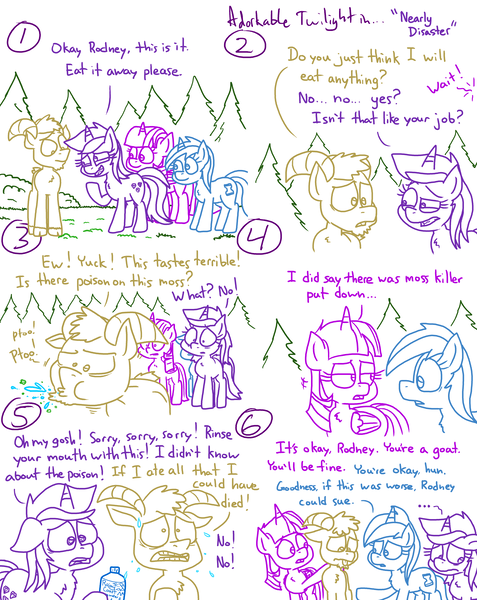 Size: 4779x6013 | Tagged: safe, artist:adorkabletwilightandfriends, derpibooru import, amethyst star, minuette, twilight sparkle, twilight sparkle (alicorn), oc, oc:rodney, alicorn, comic:adorkable twilight and friends, adorkable, adorkable twilight, clothes, comic, confused, conversation, converse, cute, discussion, dork, fertilizer, garden, help, helping, image, lawn, moss, nervous, png, question, remorse, sad, scared, shoes, slice of life, spitting, water, yard