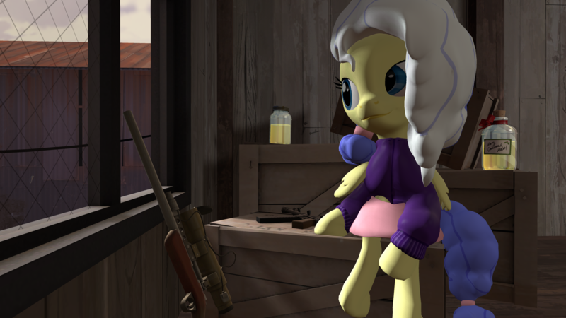 Size: 5760x3240 | Tagged: safe, artist:switcharoo_mlp, derpibooru import, oc, oc:ports, pegasus, 3d, clothes, crate, gun, hoodie, image, jar, jarate, pee in container, png, rifle, sitting, skirt, sniper rifle, source filmmaker, submachinegun, team fortress 2, urine, weapon