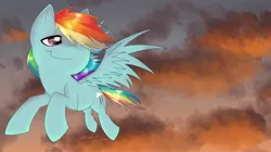 Size: 2300x1289 | Tagged: safe, artist:zeffdakilla, derpibooru import, rainbow dash, pegasus, pony, cloud, flying, image, png, scene, scenery, smiling, solo, spread wings, wings