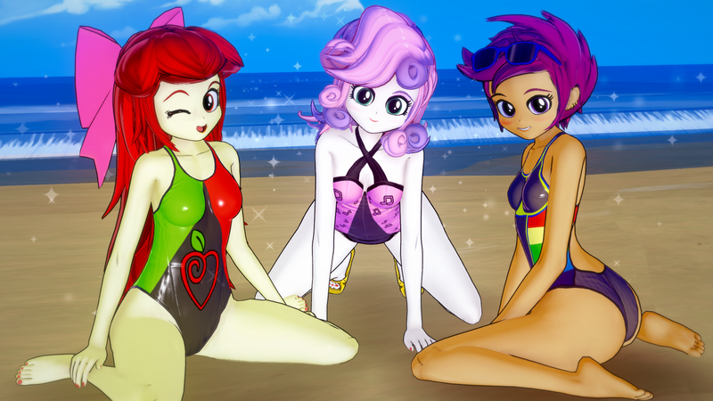 Size: 1920x1080 | Tagged: suggestive, artist:ratachu666, derpibooru import, apple bloom, scootaloo, sweetie belle, equestria girls, 3d, beach, clothes, cutie mark crusaders, image, koikatsu, looking at you, one eye closed, one-piece swimsuit, png, smiling, smiling at you, swimsuit, trio, wink, winking at you