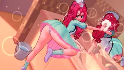 Size: 1920x1080 | Tagged: suggestive, artist:ratachu666, derpibooru import, pinkie pie, equestria girls, 3d, apron, balloonbutt, bucket, butt, clothes, dress, female, image, koikatsu, looking back, mirror, panties, png, server pinkie pie, skirt, solo, solo female, underwear, upskirt, washing