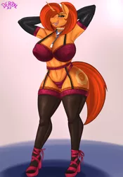 Size: 3500x5000 | Tagged: suggestive, artist:derpx1, derpibooru import, stellar flare, anthro, unicorn, arm behind head, armpits, big breasts, bra, breasts, busty stellar flare, clothes, female, garter belt, gloves, high heels, hips, huge breasts, image, licking, licking lips, lingerie, long gloves, looking at you, milf, png, shoes, socks, solo, solo female, stellar milf, stockings, thigh highs, tongue out, underwear, wide hips