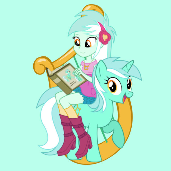 Size: 1280x1280 | Tagged: safe, artist:bluemeganium, artist:media1997, artist:ruinedomega, derpibooru import, lyra heartstrings, pony, unicorn, equestria girls, book, cutie mark background, female, human ponidox, image, jpeg, mare, reading, self paradox, self ponidox