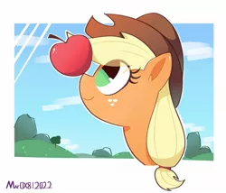 Size: 1725x1478 | Tagged: safe, artist:aceslingerexo, derpibooru import, applejack, pony, apple, bust, cute, female, food, image, jackabetes, jpeg, mare, ponies balancing stuff on their nose, portrait, profile, solo