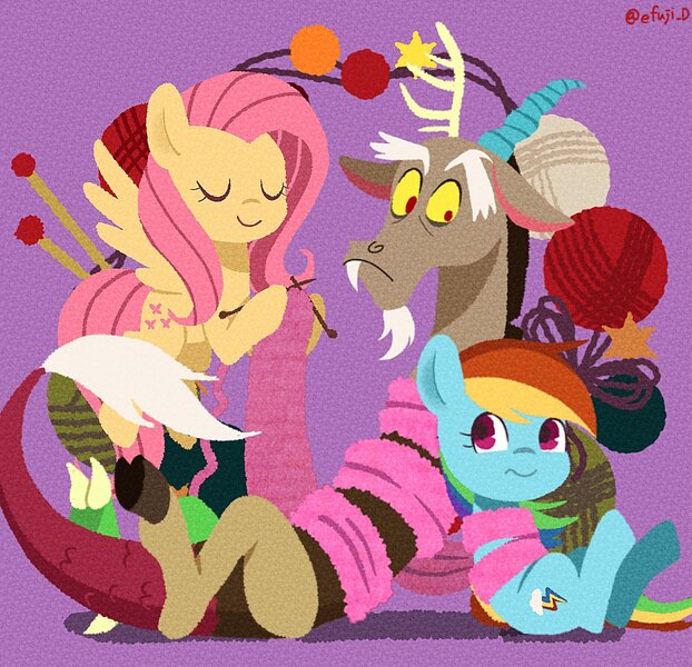 Size: 1193x1150 | Tagged: safe, artist:efuji_d, derpibooru import, discord, fluttershy, rainbow dash, draconequus, earth pony, pegasus, pony, dexterous hooves, eyes closed, female, image, jpeg, knitting, knitting needles, looking at each other, looking at someone, male, mare, purple background, simple background, smiling, tied up, trio, worried, yarn, yarn ball