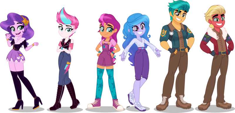 Size: 4000x1926 | Tagged: safe, artist:orin331, derpibooru import, hitch trailblazer, izzy moonbow, pipp petals, sprout cloverleaf, sprout greenhoof, sunny starscout, zipp storm, equestria girls, my little pony: a new generation, accessories, boots, bracelet, braid, clothes, converse, cutie mark, cutie mark on clothes, equestria girls-ified, female, fingerless gloves, frown, g5, g5 to equestria girls, gloves, grin, group, high res, image, jacket, jewelry, las pegasus resident, leather, leather boots, leather jacket, looking at you, male, mane five (g5), movie accurate, open mouth, open smile, overalls, png, sextet, shadow, shoes, simple background, smiling, socks, standing, stockings, thigh boots, thigh highs, transparent background, uniform