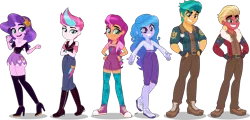 Size: 4000x1926 | Tagged: safe, artist:orin331, derpibooru import, hitch trailblazer, izzy moonbow, pipp petals, sprout cloverleaf, sprout greenhoof, sunny starscout, zipp storm, equestria girls, my little pony: a new generation, accessories, boots, bracelet, braid, clothes, converse, cutie mark, cutie mark on clothes, equestria girls-ified, female, fingerless gloves, frown, g5, g5 to equestria girls, gloves, grin, group, high res, image, jacket, jewelry, las pegasus resident, leather, leather boots, leather jacket, looking at you, male, mane five (g5), movie accurate, open mouth, open smile, overalls, png, sextet, shadow, shoes, simple background, smiling, socks, standing, stockings, thigh boots, thigh highs, transparent background, uniform