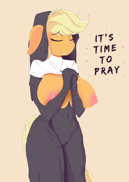 Size: 2480x3507 | Tagged: questionable, artist:drawalaverr, derpibooru import, applejack, anthro, earth pony, big breasts, breastless clothes, breasts, busty applejack, eyes closed, fanart, female, huge breasts, image, jewelry, necklace, nipples, nudity, nun, partial nudity, png, praying, simple background, solo, solo female, text