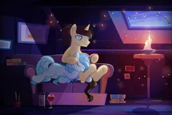 Size: 3000x2007 | Tagged: source needed, safe, artist:rish--loo, derpibooru import, oc, oc:eternal light, unofficial characters only, alicorn, cat, pony, unicorn, alcohol, alicorn oc, blue eyes, book, bottle, candle, carpet, cloud, couch, duo, duo male and female, fairy lights, female, glass, high res, hoof on head, horn, image, male, mare, picture frame, plant pot, png, ponytail, reading, red wine, shadow, sitting, sleeping, smiling, stallion, table, tail, two toned mane, two toned tail, unicorn oc, window, wine, wine bottle, wine glass, wings