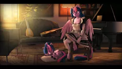 Size: 9600x5400 | Tagged: safe, artist:imafutureguitarhero, derpibooru import, sci-twi, twilight sparkle, twilight sparkle (alicorn), alicorn, anthro, classical unicorn, unguligrade anthro, unicorn, 3d, absurd resolution, acoustic guitar, anthro ponidox, black bars, book, bookshelf, carpet, chair, cheek fluff, chest freckles, chromatic aberration, clothes, cloven hooves, colored eyebrows, colored eyelashes, couch, curtains, cute, daaaaaaaaaaaw, dress, duo, dust, ear fluff, ear freckles, ear piercing, earring, eyes closed, female, film grain, floppy ears, fluffy, fluffy mane, fluffy tail, freckles, french maid, fur, gloves, glow, guitar, hoof fluff, horn, image, indoors, jewelry, jpeg, lamp, leg fluff, leonine tail, long gloves, long socks, lute, maid, maidlight sparkle, multicolored hair, multicolored mane, multicolored tail, musical instrument, necklace, nose wrinkle, outfit, paintover, piano, piercing, pillow, potted plant, revamped anthros, revamped ponies, scitwilicorn, seat, self paradox, self ponidox, signature, sitting, sleeping, smiling, socks, source filmmaker, stool, tail, twiabetes, unshorn fetlocks, volumetric light, window, wing fluff, wings, wooden floor