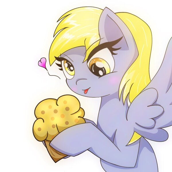 Size: 768x768 | Tagged: safe, artist:zeon_starlight, derpibooru import, derpy hooves, pegasus, pony, bust, derp, emanata, female, flying, food, heart, hoof hold, image, jpeg, mare, muffin, simple background, solo, spread wings, tongue out, white background, wings