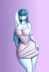 Size: 1300x1900 | Tagged: suggestive, artist:zachc, derpibooru import, sonata dusk, equestria girls, alternate hairstyle, arm behind head, breasts, busty sonata dusk, cleavage, clothes, dress, female, hand on hip, image, png, solo