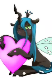 Size: 1365x2048 | Tagged: safe, artist:zeon_starlight, derpibooru import, queen chrysalis, changeling, changeling queen, cute, cutealis, female, heart, hoof hold, image, jpeg, looking at you, one eye closed, simple background, sitting, solo, white background